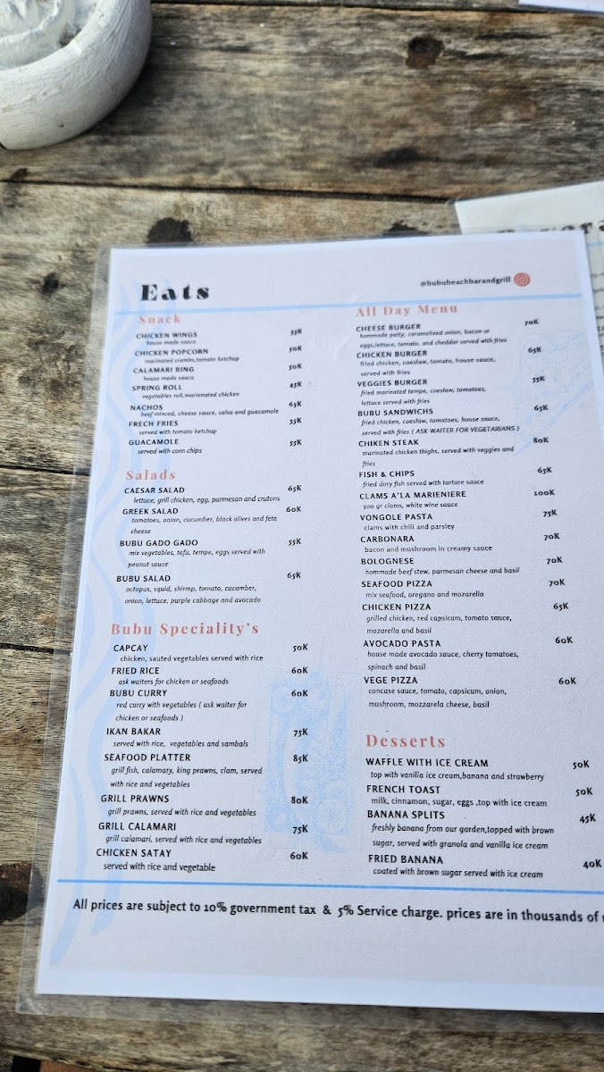 Bubu Beach Bar & Grill Menu - Image 1